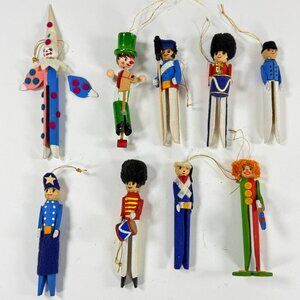 Vintage Wooden Clothespin Soldier Clown Christmas Ornaments Set of 8